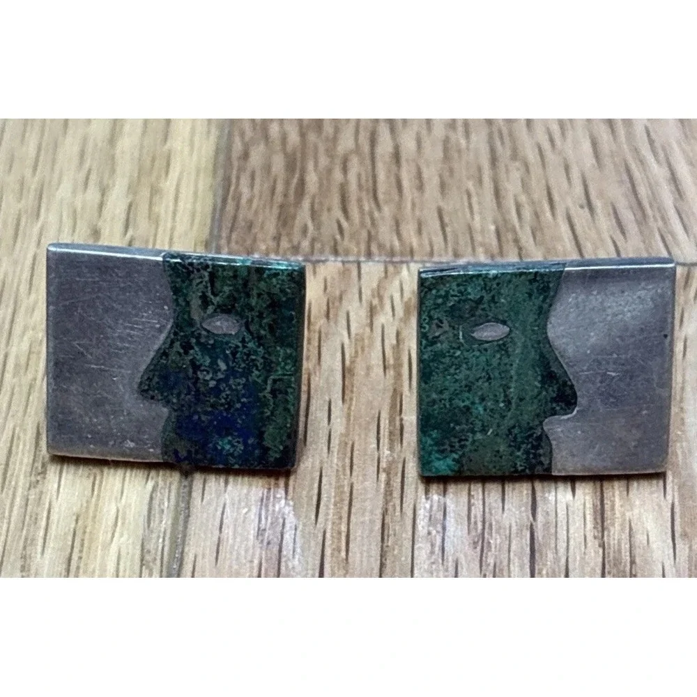 Vintage Sterling Rectangle Silver Agate Face‎ Profile Cuff Links